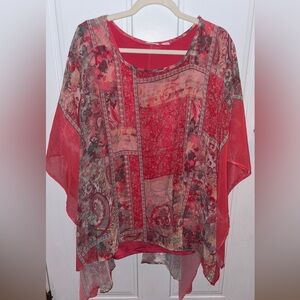 Cato Boho NWOT Red & Pink Patchwork PONCHO/BLOUSE Sz.X-Large ptp:25-33 length:29